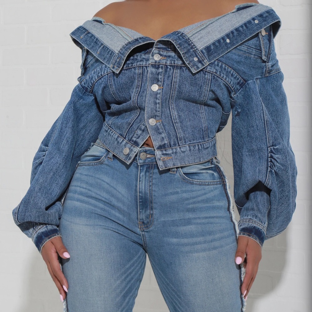 Off Shoulder Light Blue Denim Jacket